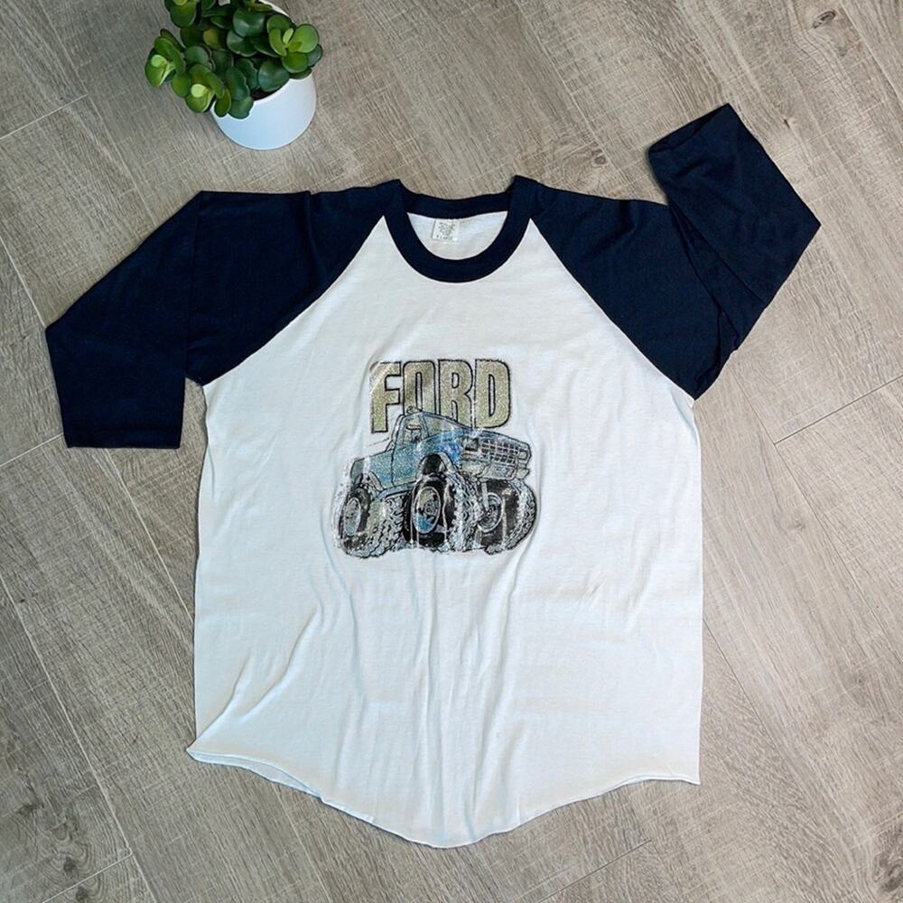 VINTAGE FORD MEAN MUDDER Raglan 3/4 Sleeve Black White T-Shirt Women’s